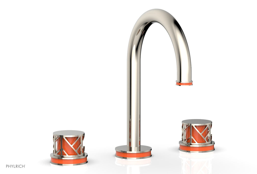 9-7/8" - Satin Brass - JOLIE Widespread Faucet - Round Handles with "Orange" Accents 222-01 by Phylrich - New York Hardware