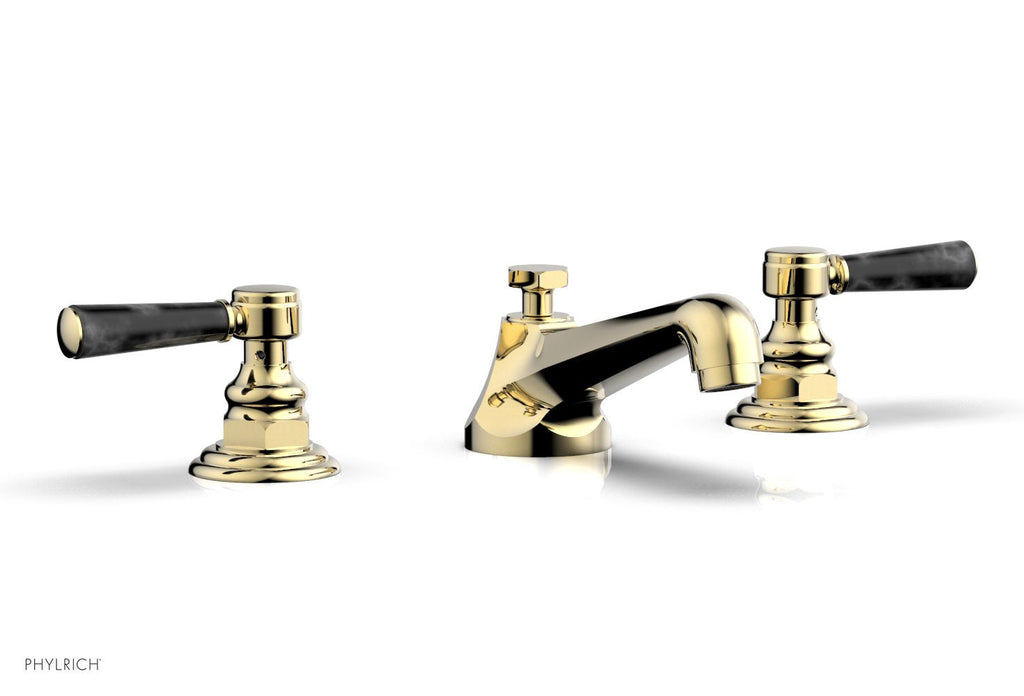 3" - Polished Brass Uncoated - HEX TRADITIONAL Widespread Faucet - Black Marble Lever Handles 500-03 by Phylrich - New York Hardware