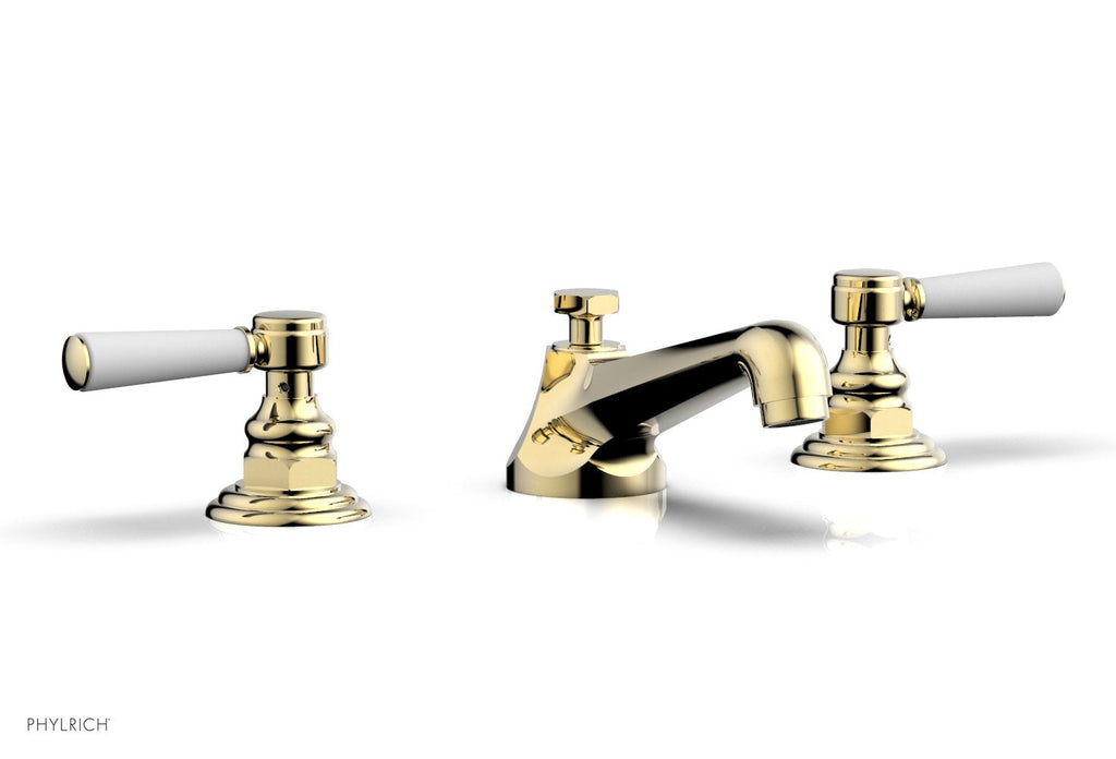 3" - Polished Brass Uncoated - HEX TRADITIONAL Widespread Faucet - Satin White Lever Handles 500-02 by Phylrich - New York Hardware