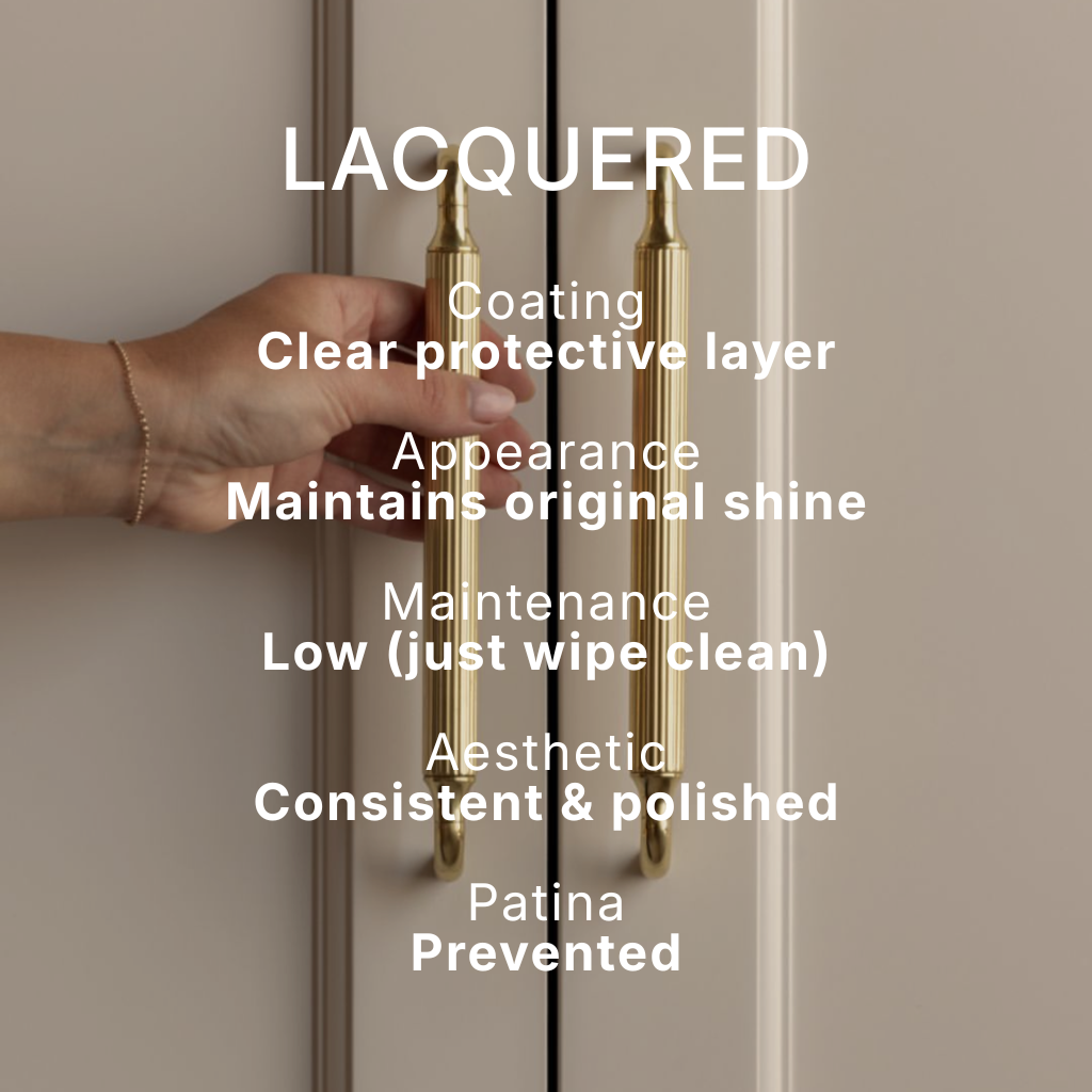 A hand holds a tall brass cabinet handle against a beige door, with large white text overlaid describing a lacquered clear protective coating and low maintenance.