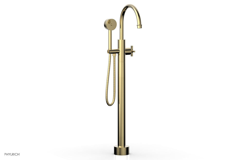 HEX MODERN Floor Mount Tub Filler Cross Handles with Hand Shower by Phylrich - Polished Brass Uncoated