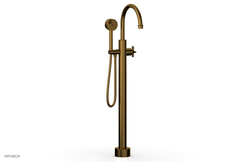 HEX MODERN Floor Mount Tub Filler Cross Handles with Hand Shower by Phylrich - French Brass