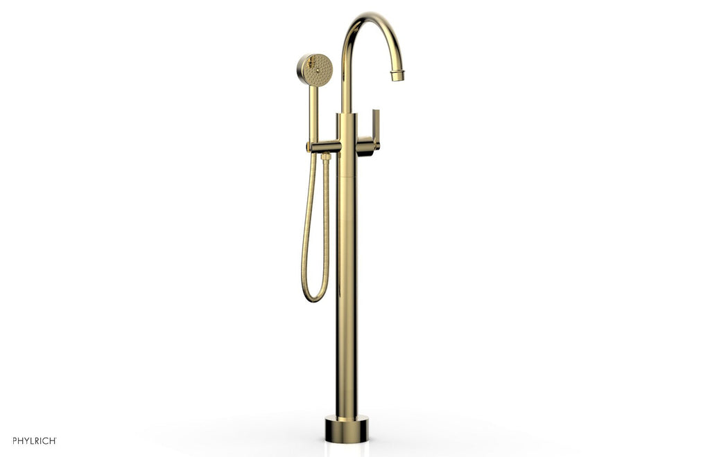 HEX MODERN Floor Mount Tub Filler Lever Handle with Hand Shower by Phylrich - Polished Brass Uncoated