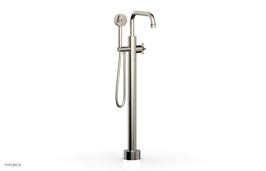 HEX MODERN Floor Mount Tub Filler Cross Handles with Hand Shower by Phylrich - Polished Nickel