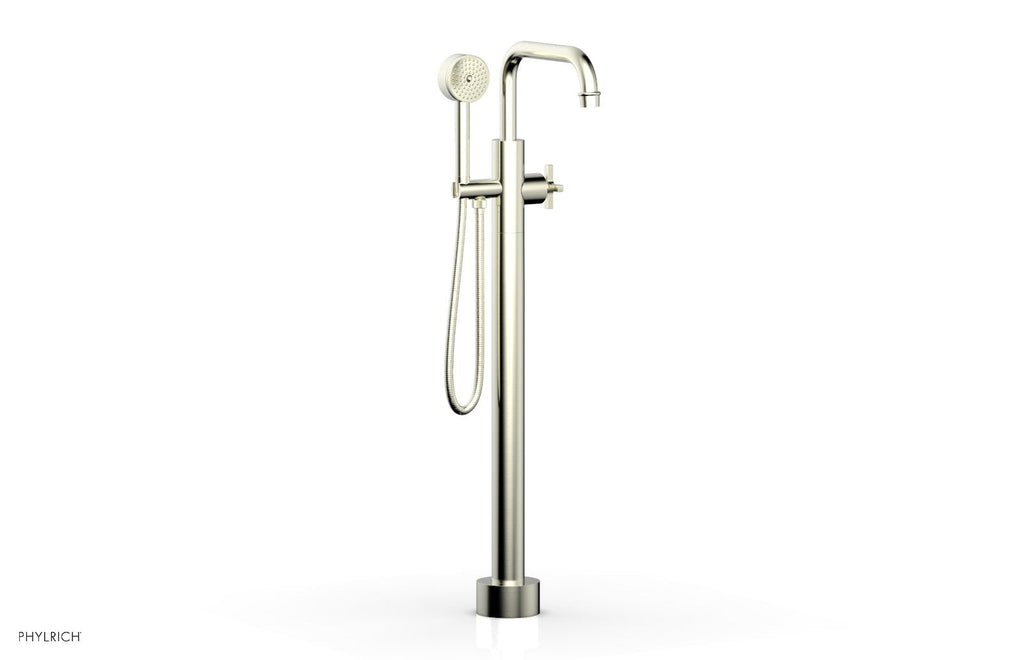 HEX MODERN Floor Mount Tub Filler Cross Handles with Hand Shower by Phylrich - Satin Nickel