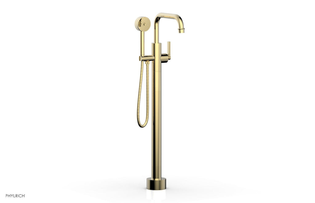 HEX MODERN Floor Mount Tub Filler Lever Handle with Hand Shower by Phylrich - Polished Brass Uncoated