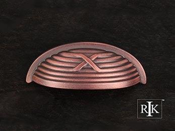 Lines and Single Cross Rounded Cup Pull 3 3/4" (95mm) - Distressed Copper - New York Hardware Online