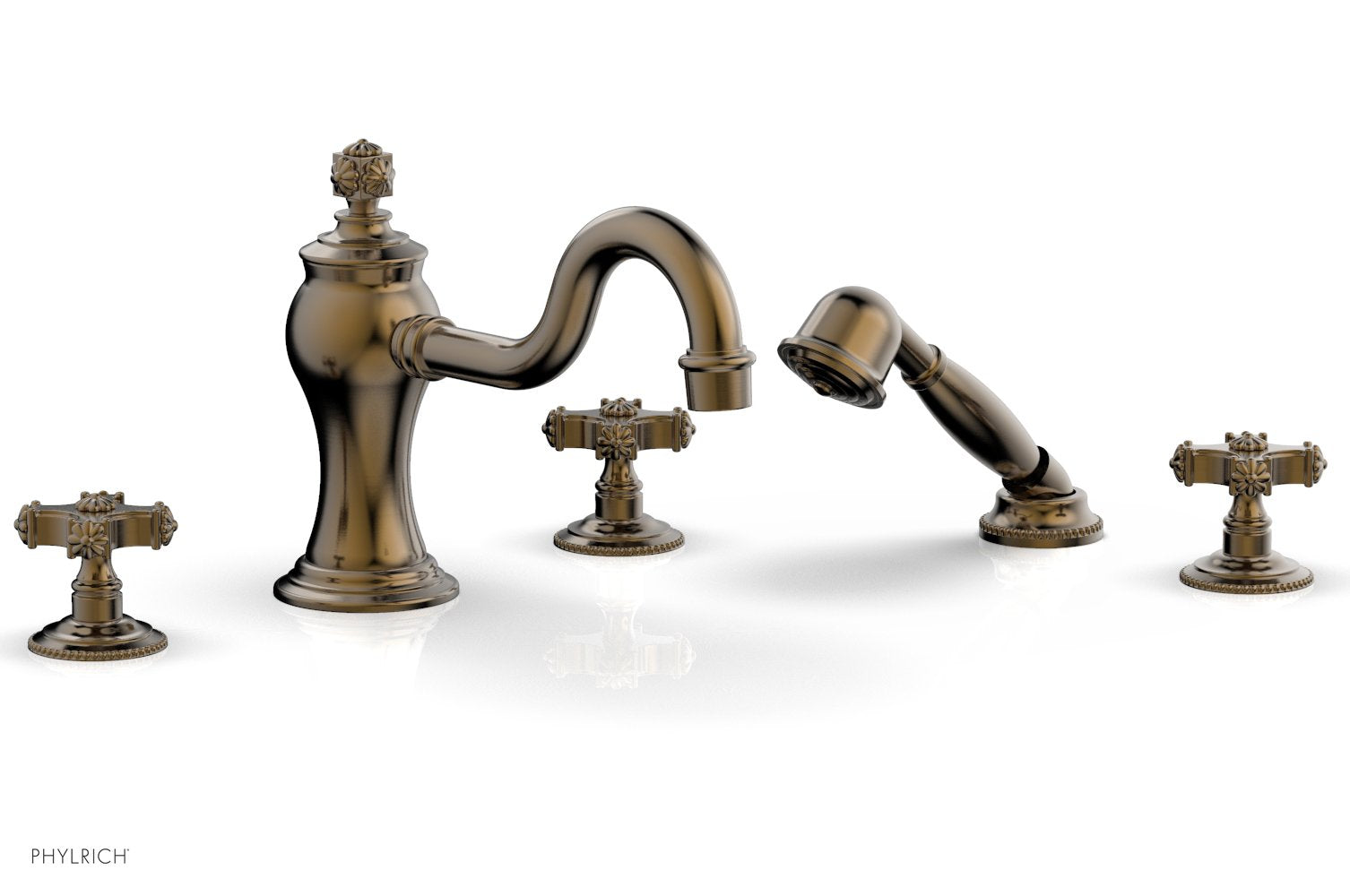 1-3/8" - Antique Brass - MARVELLE Deck Tub Set with Hand Shower - Cross Handles 162-48 by Phylrich - New York Hardware