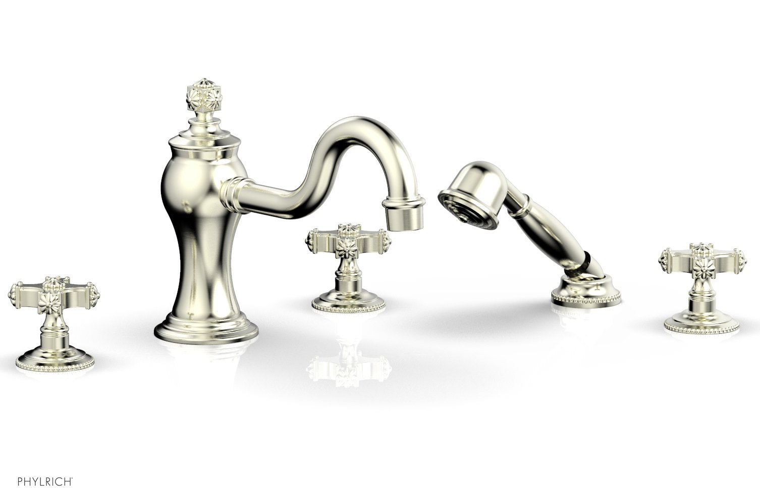 1-3/8" - Polished Brass - MARVELLE Deck Tub Set with Hand Shower - Cross Handles 162-48 by Phylrich - New York Hardware