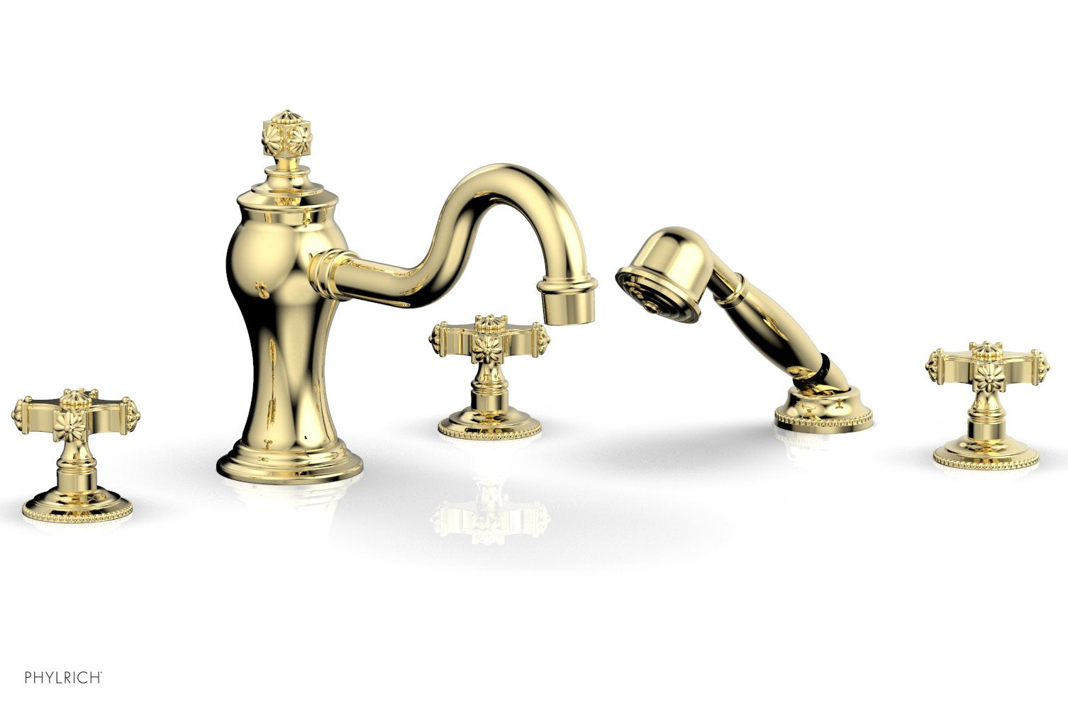 1-3/8" - French Brass - MARVELLE Deck Tub Set with Hand Shower - Cross Handles 162-48 by Phylrich - New York Hardware