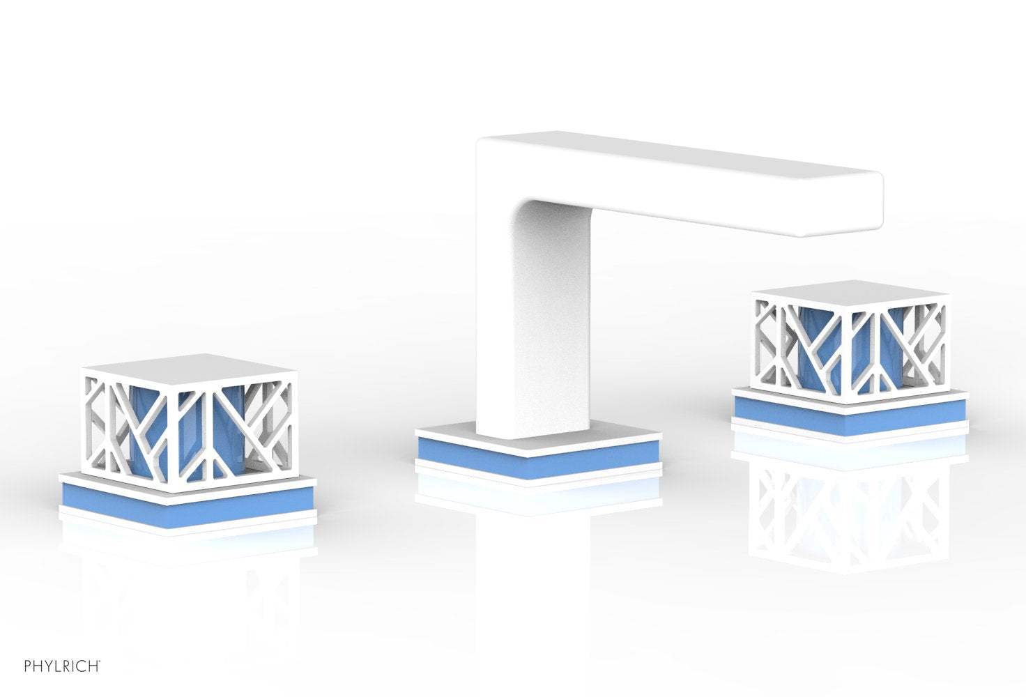 1-1/8" - Satin White - JOLIE Widespread Faucet - Square Handles with "Light Blue" Accents 222-02 by Phylrich - New York Hardware