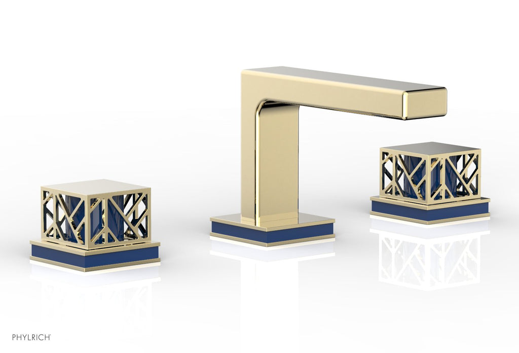 1-1/8" - Polished Brass Uncoated - JOLIE Widespread Faucet - Square Handles with "Navy Blue" Accents 222-02 by Phylrich - New York Hardware