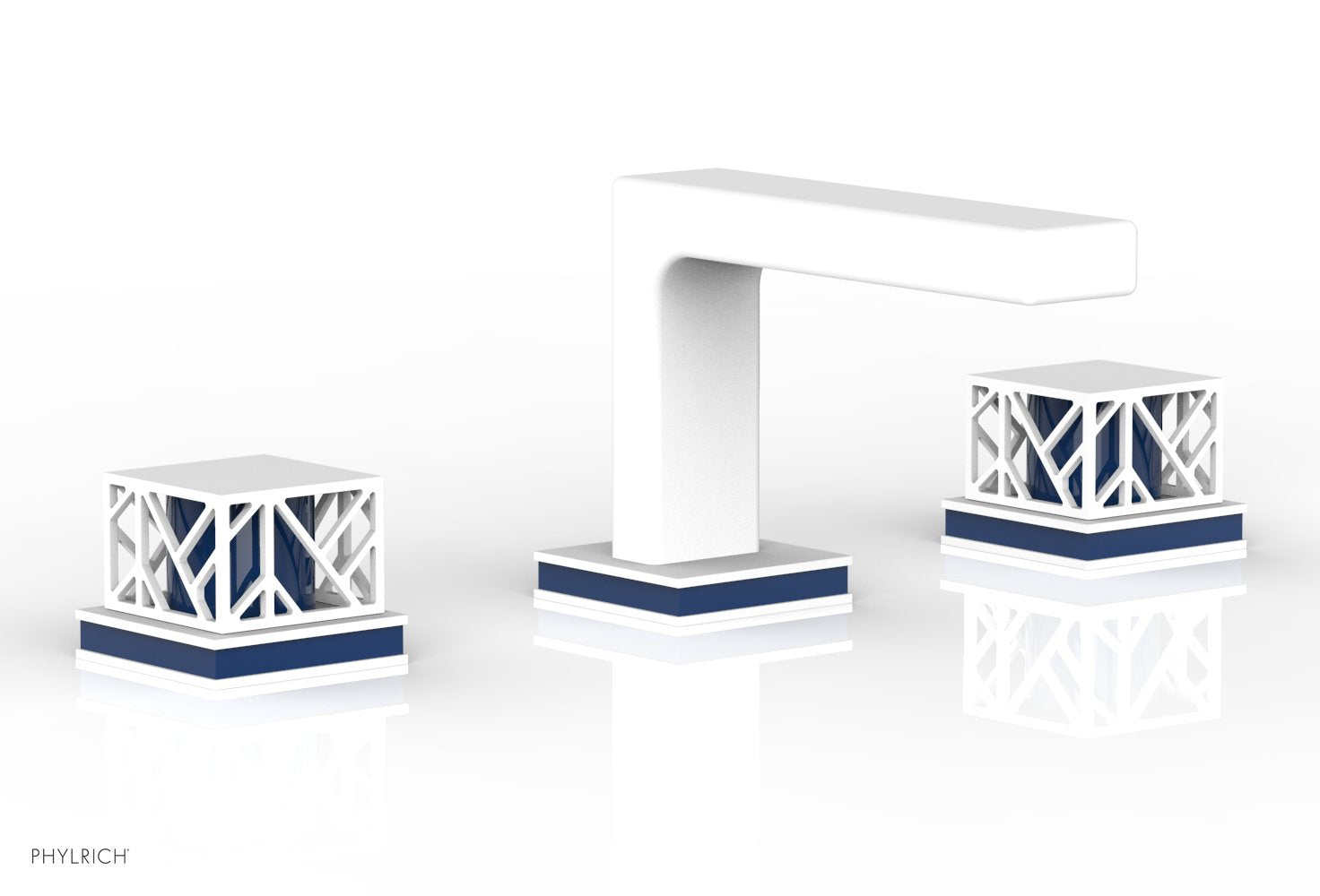 1-1/8" - Satin White - JOLIE Widespread Faucet - Square Handles with "Navy Blue" Accents 222-02 by Phylrich - New York Hardware