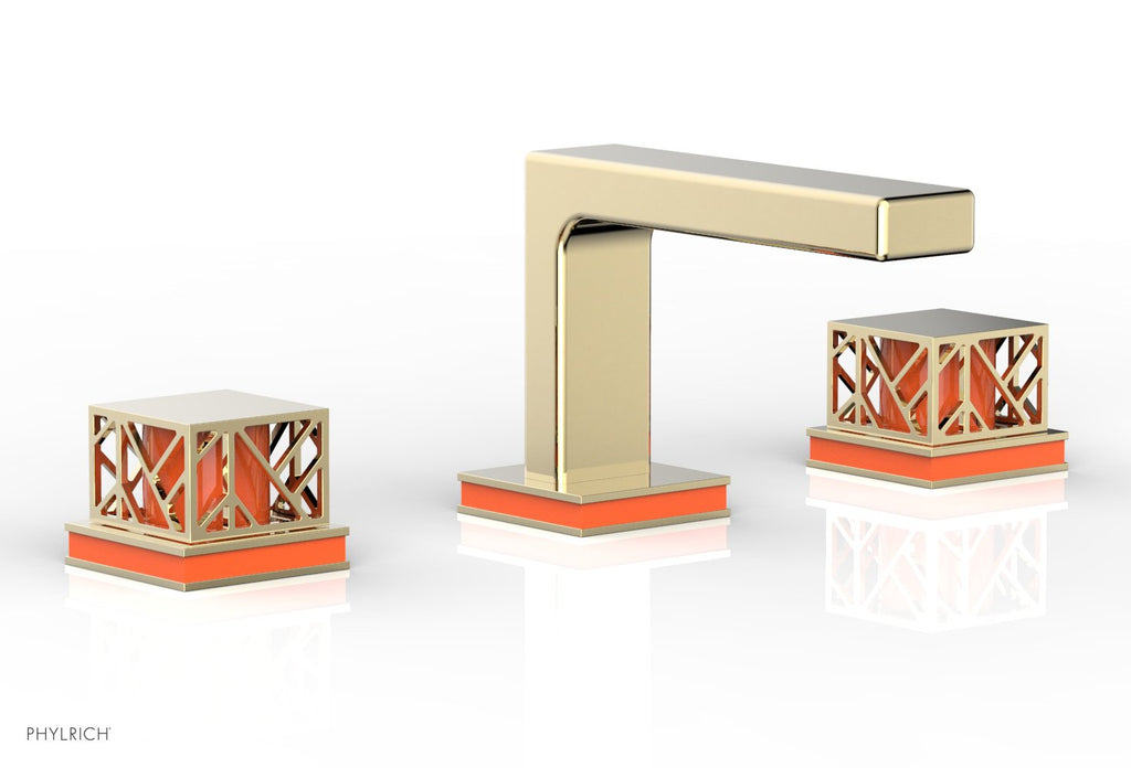 1-1/8" - Polished Brass Uncoated - JOLIE Widespread Faucet - Square Handles with "Orange" Accents 222-02 by Phylrich - New York Hardware