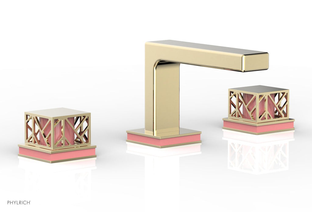 1-1/8" - Polished Brass Uncoated - JOLIE Widespread Faucet - Square Handles with "Pink" Accents 222-02 by Phylrich - New York Hardware