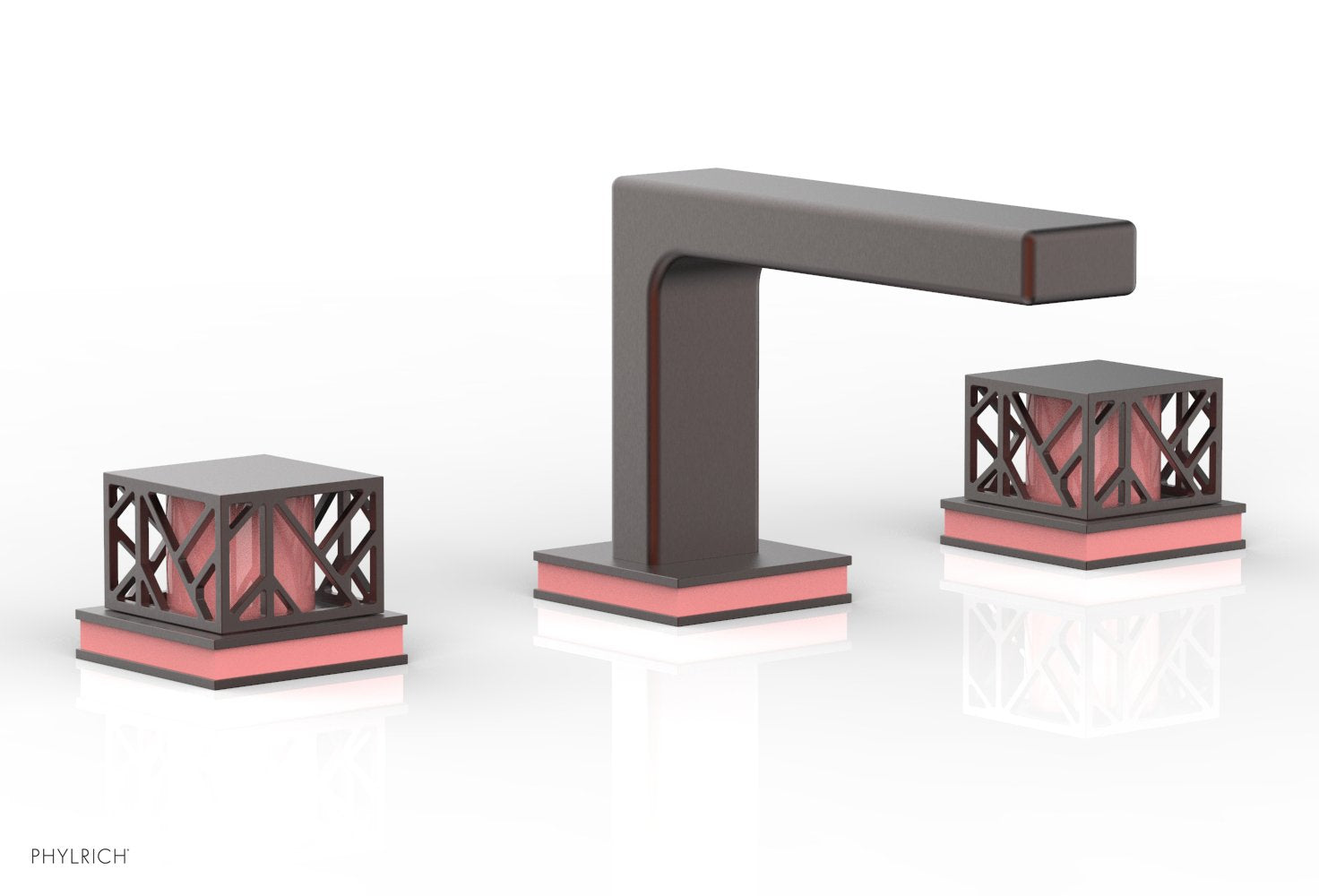 1-1/8" - Weathered Copper - JOLIE Widespread Faucet - Square Handles with "Pink" Accents 222-02 by Phylrich - New York Hardware