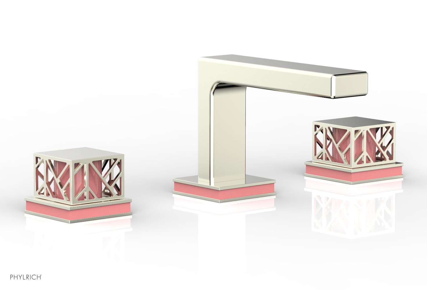 1-1/8" - Polished Brass - JOLIE Widespread Faucet - Square Handles with "Pink" Accents 222-02 by Phylrich - New York Hardware