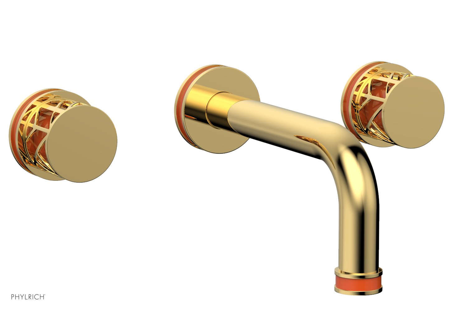 1-1/8" - Polished Gold - JOLIE Wall Lavatory Set - Round Handles with "Orange" Accents 222-11 by Phylrich - New York Hardware