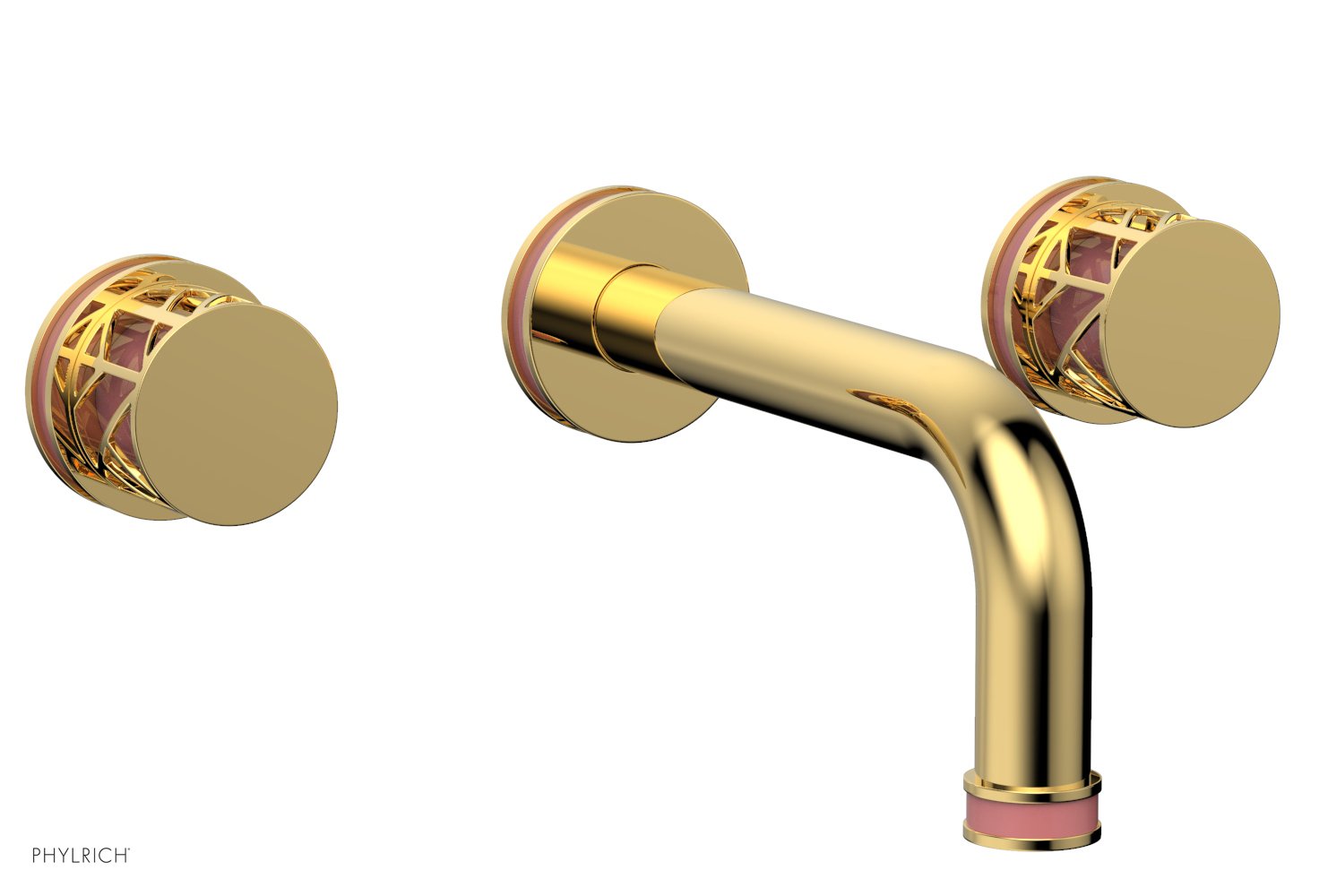 1-1/8" - Polished Gold - JOLIE Wall Lavatory Set - Round Handles with "Pink" Accents 222-11 by Phylrich - New York Hardware