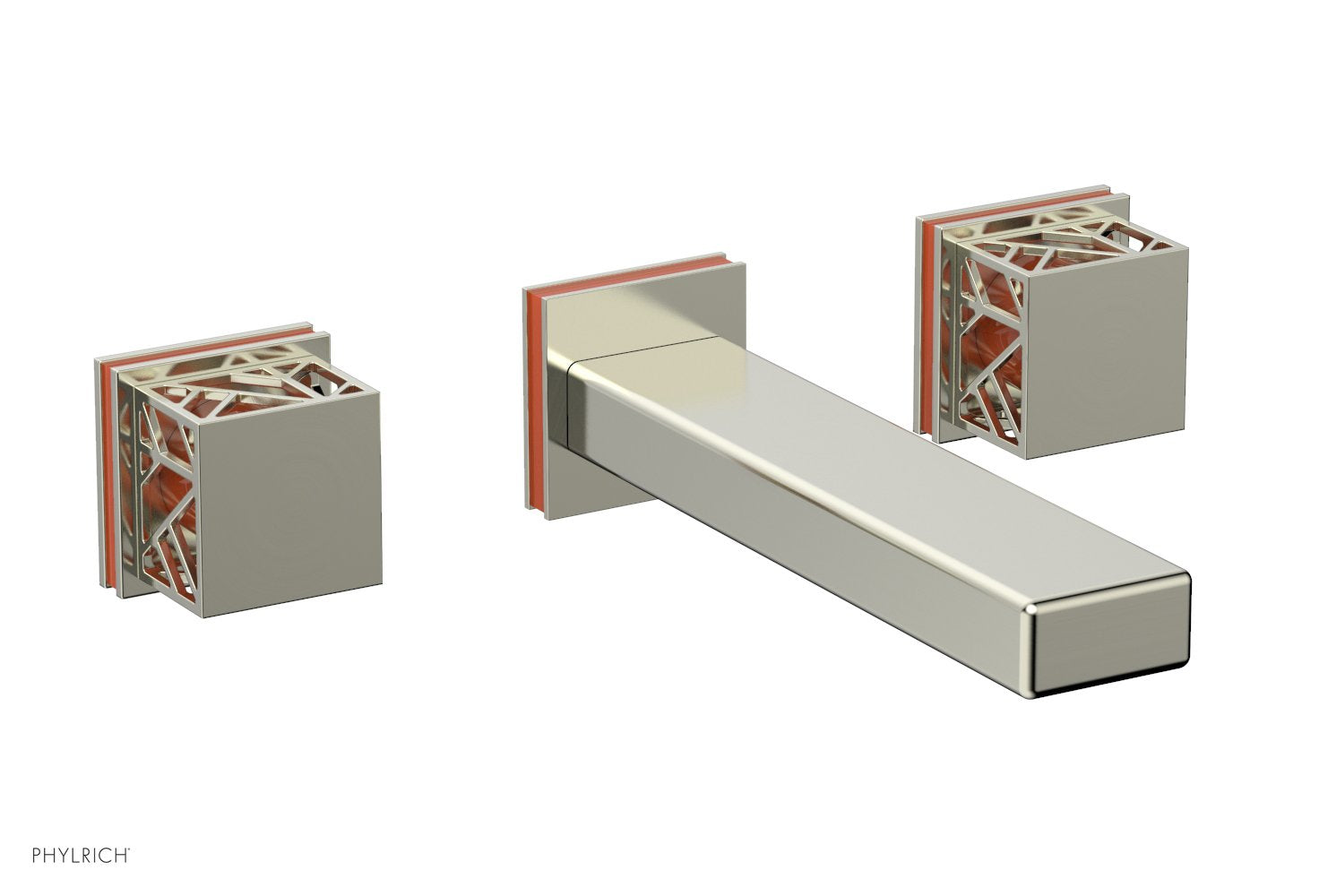 1-1/8" - Satin Nickel - JOLIE Wall Lavatory Set - Square Handles with "Orange" Accents 222-12 by Phylrich - New York Hardware