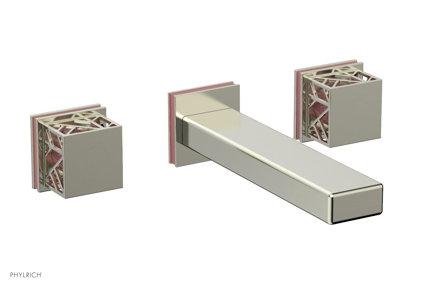 1-1/8" - Satin Nickel - JOLIE Wall Lavatory Set - Square Handles with "Pink" Accents 222-12 by Phylrich - New York Hardware