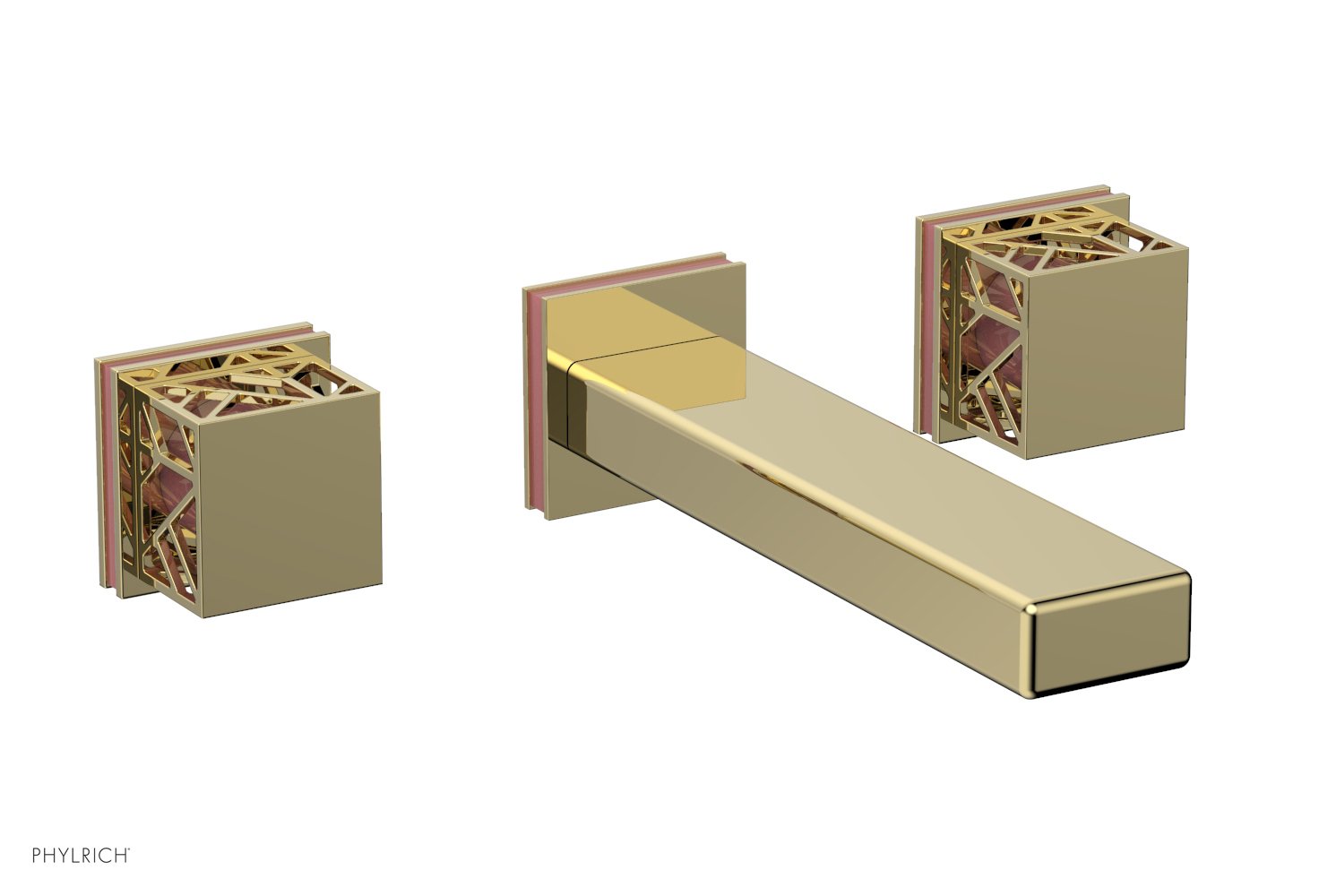 1-1/8" - Polished Brass - JOLIE Wall Lavatory Set - Square Handles with "Pink" Accents 222-12 by Phylrich - New York Hardware