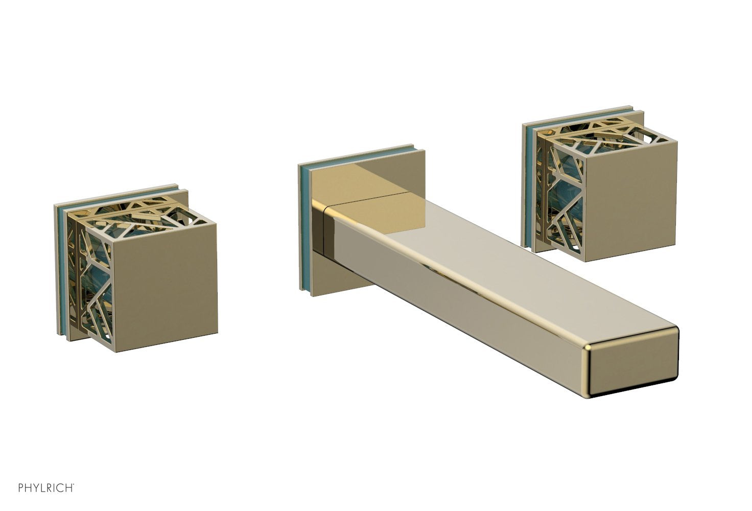 1-1/8" - Polished Brass Uncoated - JOLIE Wall Lavatory Set - Square Handles with "Turquoise" Accents 222-12 by Phylrich - New York Hardware