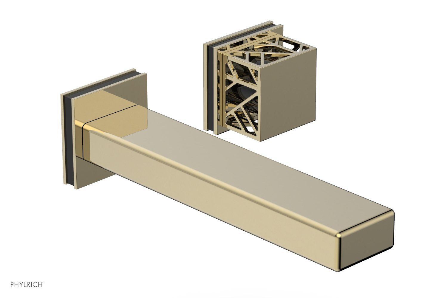 1-1/8" - Polished Brass Uncoated - JOLIE Single Handle Wall Lavatory Set - Square Handle "Black" Accents 222-16 by Phylrich - New York Hardware