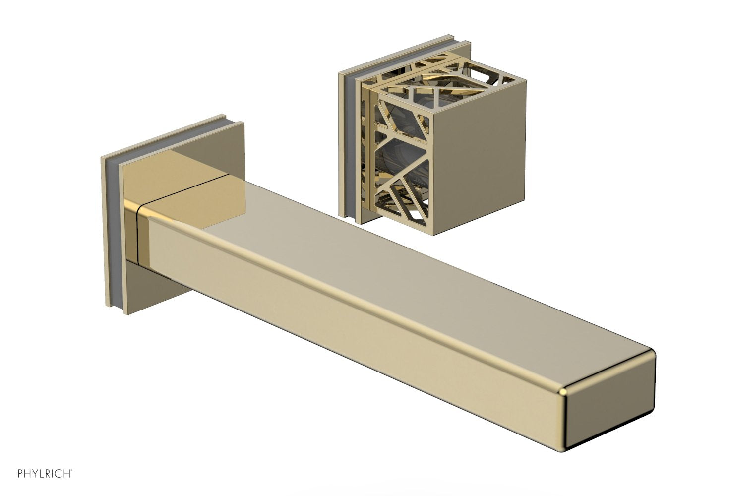 1-1/8" - Polished Brass Uncoated - JOLIE Single Handle Wall Lavatory Set - Square Handle "Grey" Accents 222-16 by Phylrich - New York Hardware