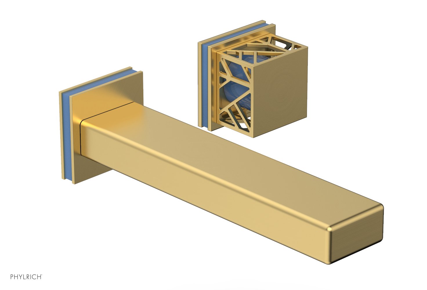 1-1/8" - Burnished Gold - JOLIE Single Handle Wall Lavatory Set - Square Handle "Light Blue" Accents 222-16 by Phylrich - New York Hardware