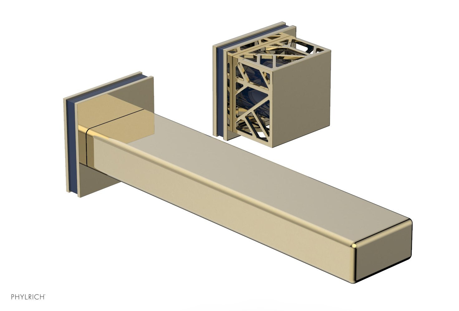 1-1/8" - Polished Brass Uncoated - JOLIE Single Handle Wall Lavatory Set - Square Handle "Navy Blue" Accents 222-16 by Phylrich - New York Hardware