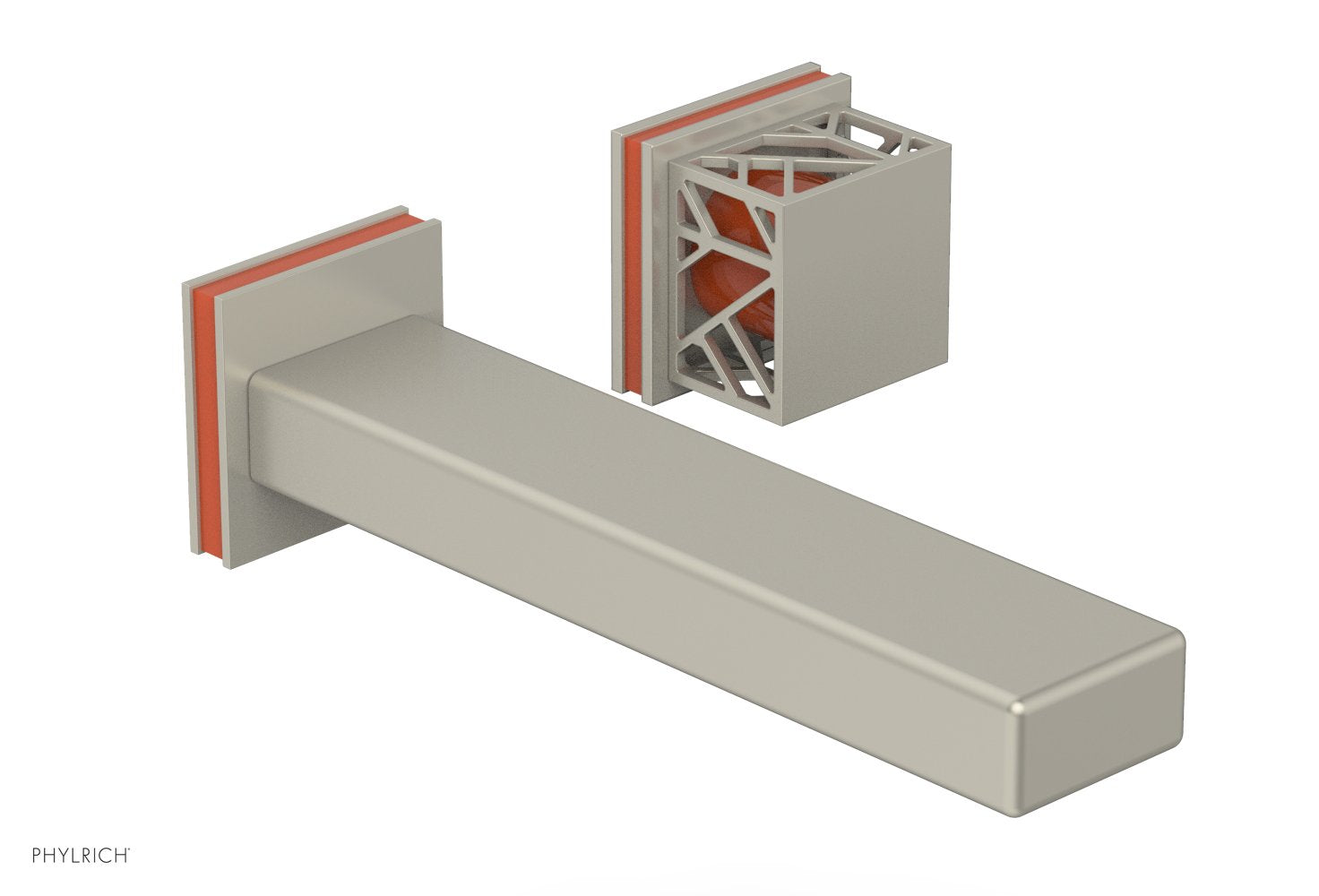 1-1/8" - Polished Brass Uncoated - JOLIE Single Handle Wall Lavatory Set - Square Handle "Orange" Accents 222-16 by Phylrich - New York Hardware