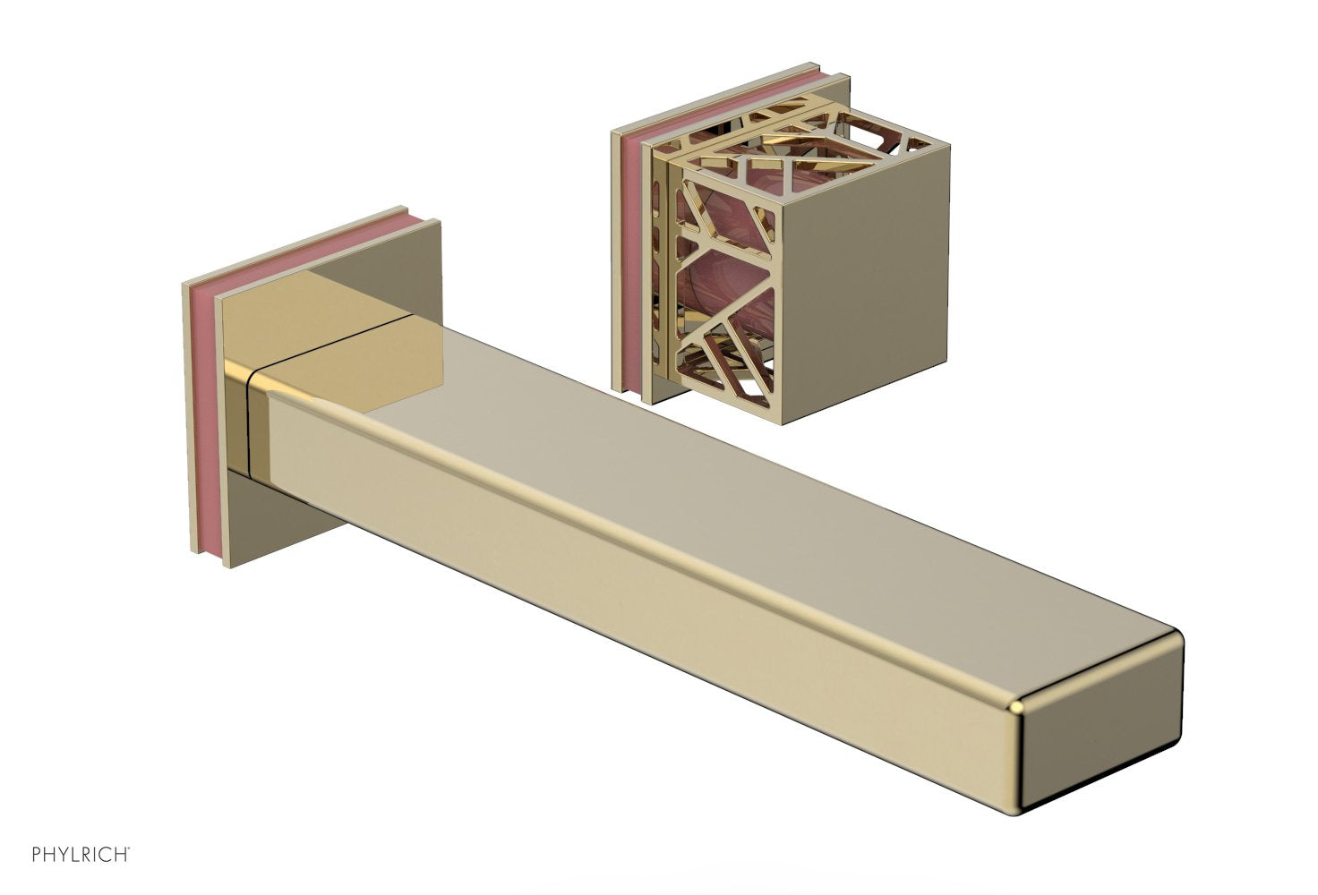 1-1/8" - Polished Brass Uncoated - JOLIE Single Handle Wall Lavatory Set - Square Handle "Pink" Accents 222-16 by Phylrich - New York Hardware