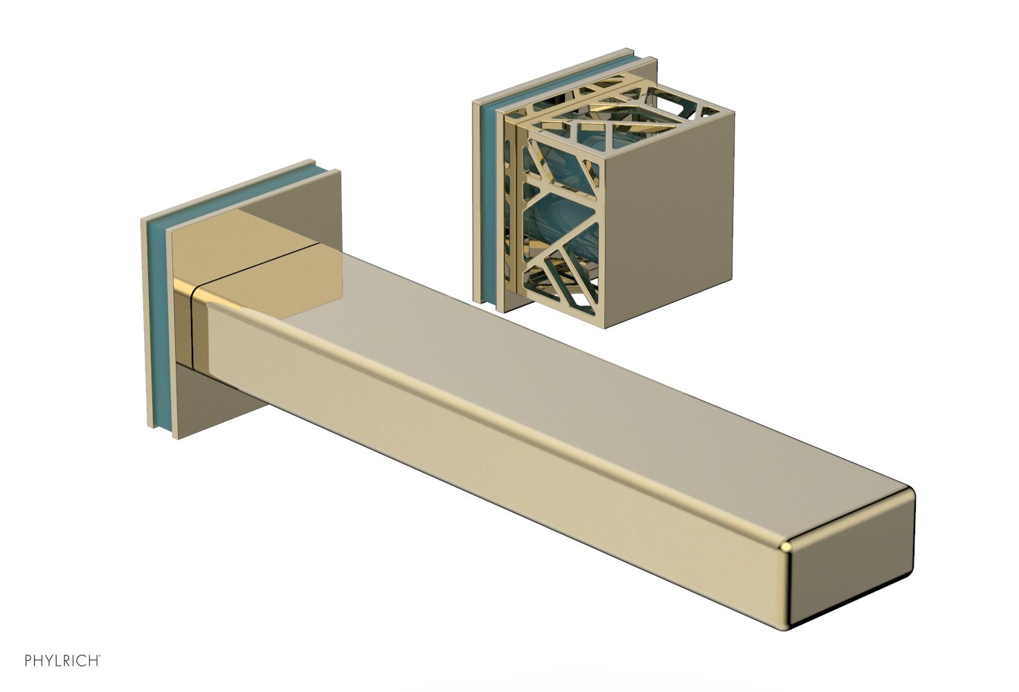 1-1/8" - Polished Brass Uncoated - JOLIE Single Handle Wall Lavatory Set - Square Handle "Turquoise" Accents 222-16 by Phylrich - New York Hardware