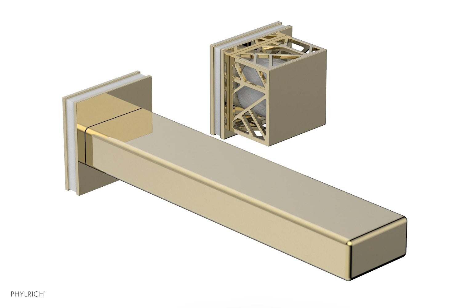 1-1/8" - Polished Brass Uncoated - JOLIE Single Handle Wall Lavatory Set - Square Handle "White" Accents 222-16 by Phylrich - New York Hardware