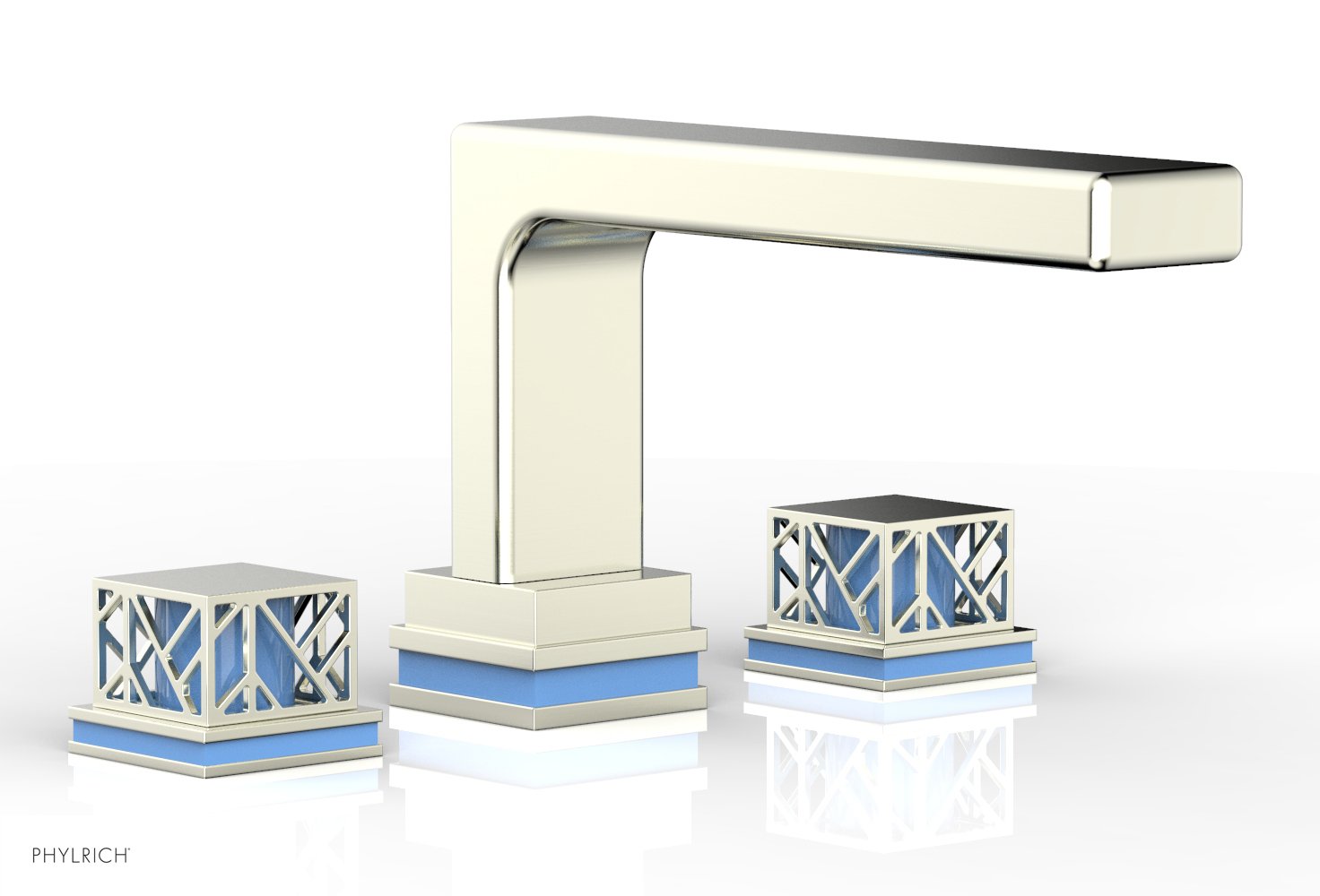 6-1/2" - Polished Brass - JOLIE Deck Tub Set - Square Handles with "Light Blue" Accents 222-41 by Phylrich - New York Hardware