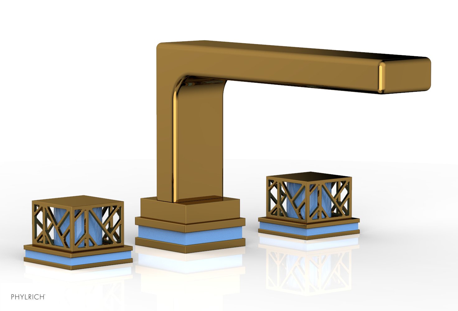 6-1/2" - French Brass - JOLIE Deck Tub Set - Square Handles with "Light Blue" Accents 222-41 by Phylrich - New York Hardware