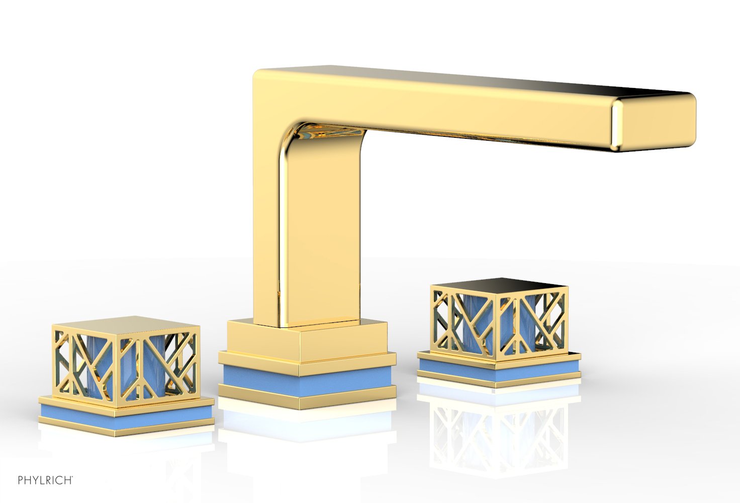 6-1/2" - Polished Gold - JOLIE Deck Tub Set - Square Handles with "Light Blue" Accents 222-41 by Phylrich - New York Hardware