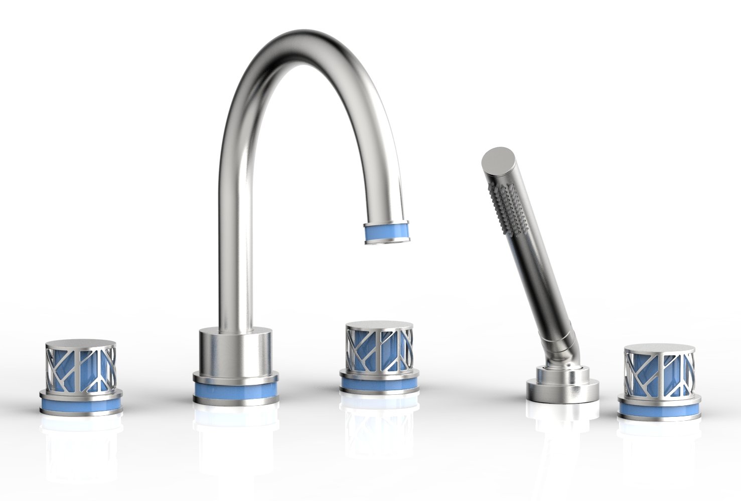 1-3/8" - Satin Chrome - JOLIE Deck Tub Set with Hand Shower - Round Handles with "Light Blue" Accents 222-48 by Phylrich - New York Hardware