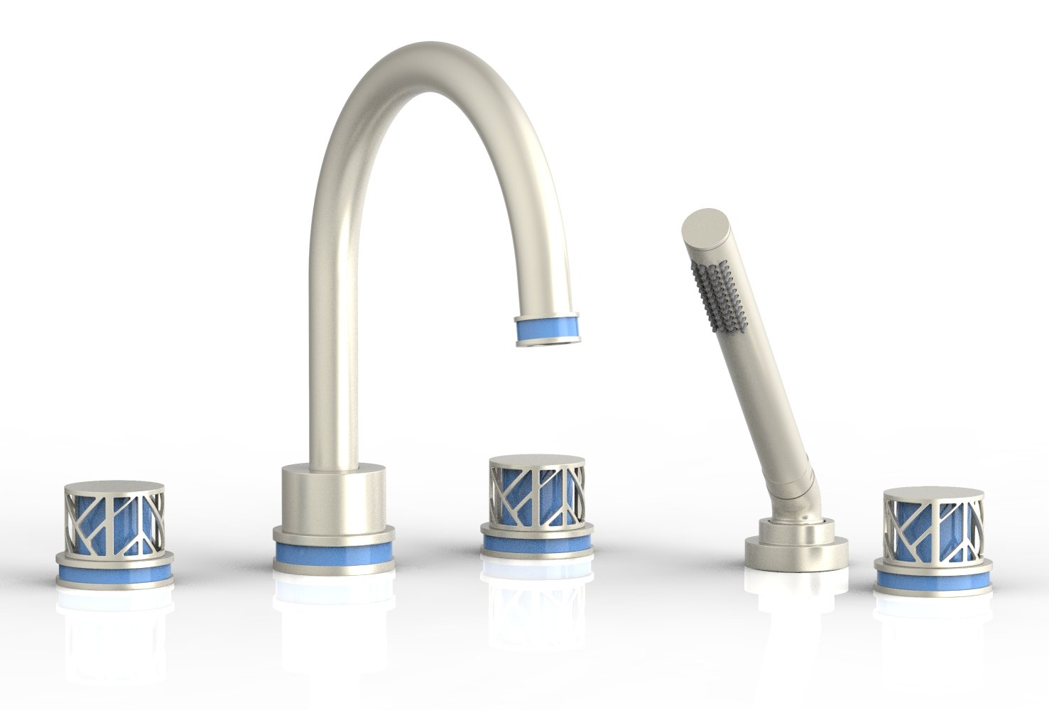 1-3/8" - Burnished Nickel - JOLIE Deck Tub Set with Hand Shower - Round Handles with "Light Blue" Accents 222-48 by Phylrich - New York Hardware