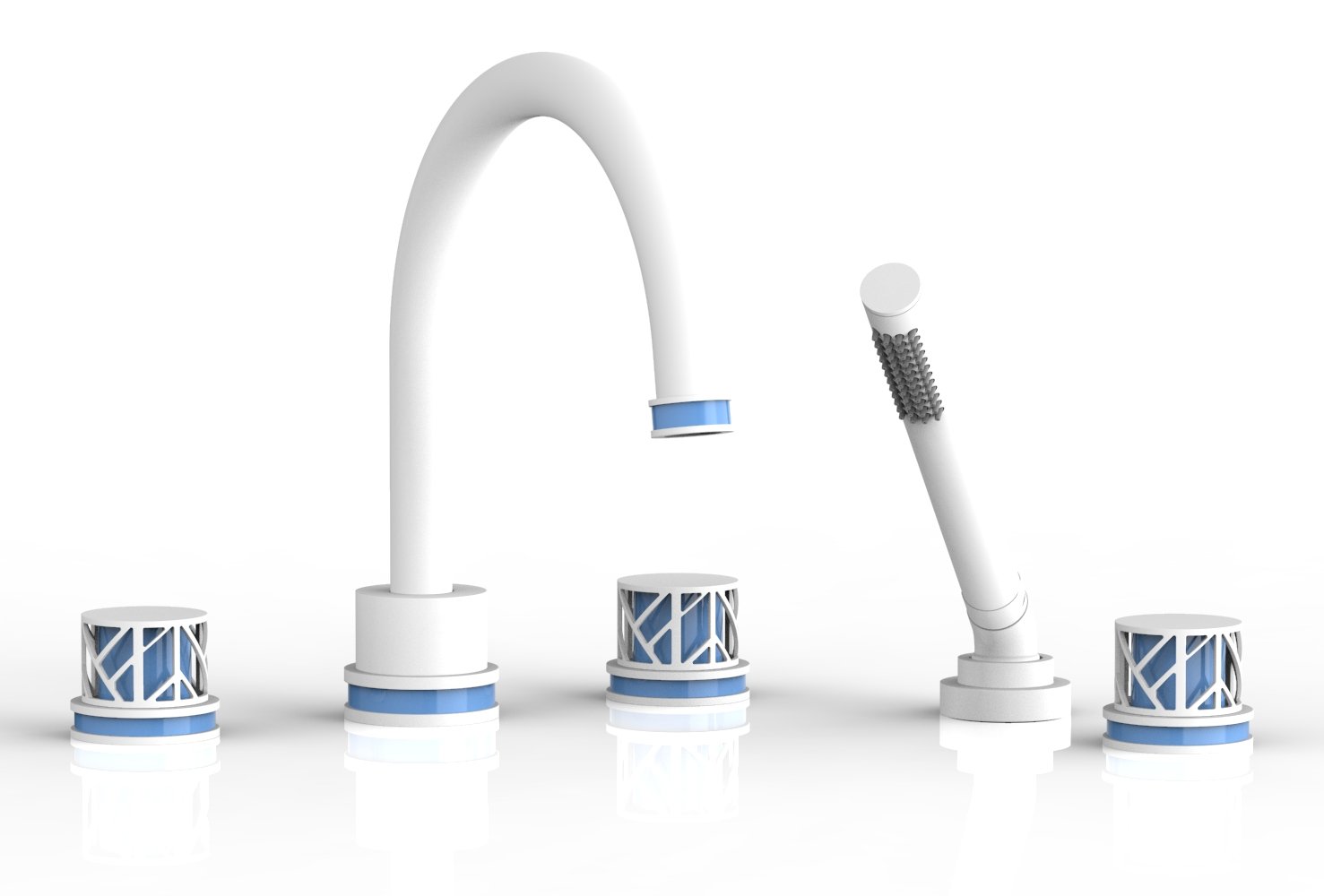 1-3/8" - Satin White - JOLIE Deck Tub Set with Hand Shower - Round Handles with "Light Blue" Accents 222-48 by Phylrich - New York Hardware