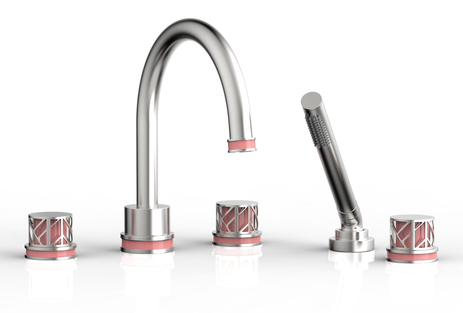 1-3/8" - Satin Chrome - JOLIE Deck Tub Set with Hand Shower - Round Handles with "Pink" Accents 222-48 by Phylrich - New York Hardware