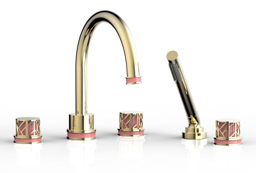 1-3/8" - Polished Brass Uncoated - JOLIE Deck Tub Set with Hand Shower - Round Handles with "Pink" Accents 222-48 by Phylrich - New York Hardware