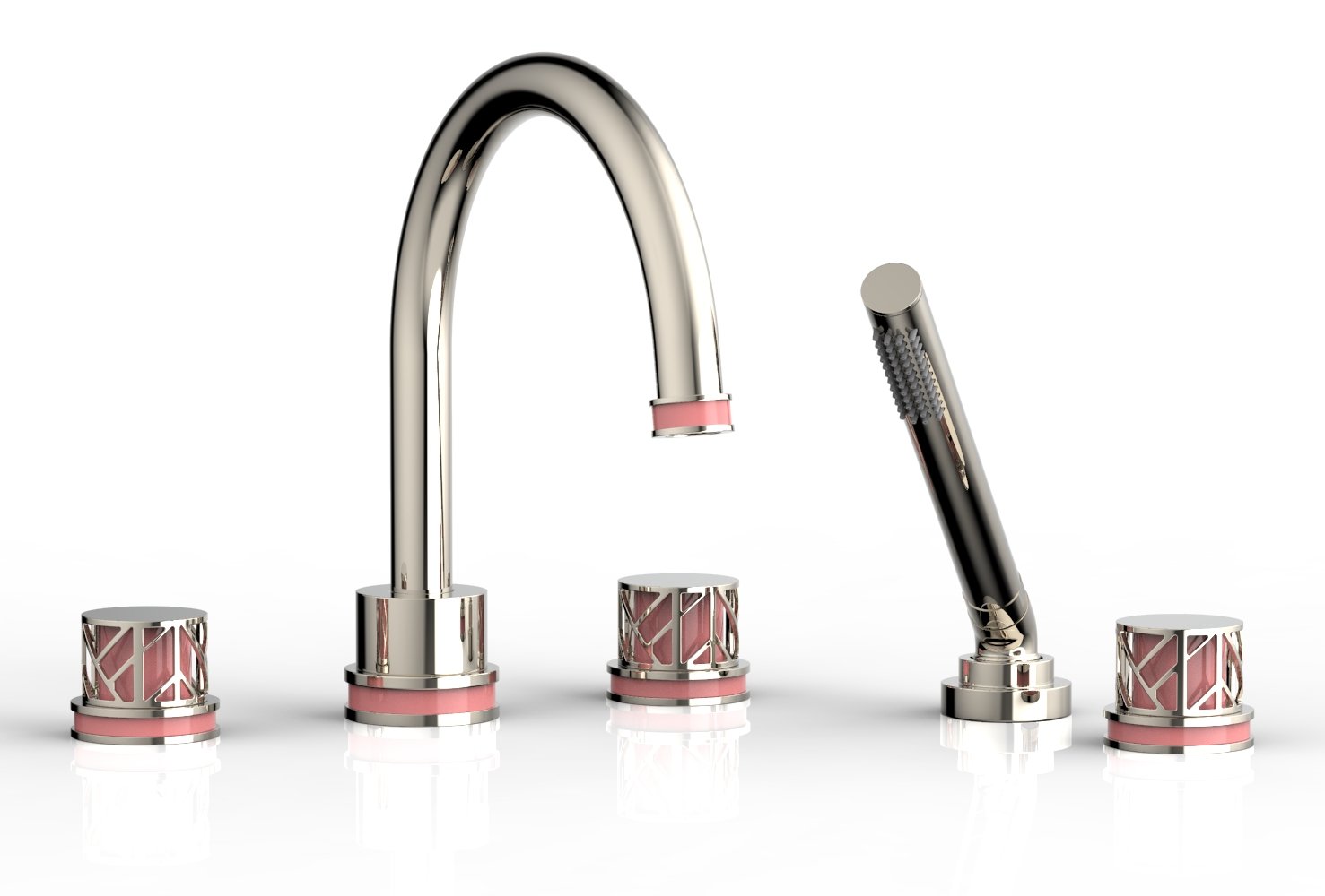 1-3/8" - Polished Nickel - JOLIE Deck Tub Set with Hand Shower - Round Handles with "Pink" Accents 222-48 by Phylrich - New York Hardware