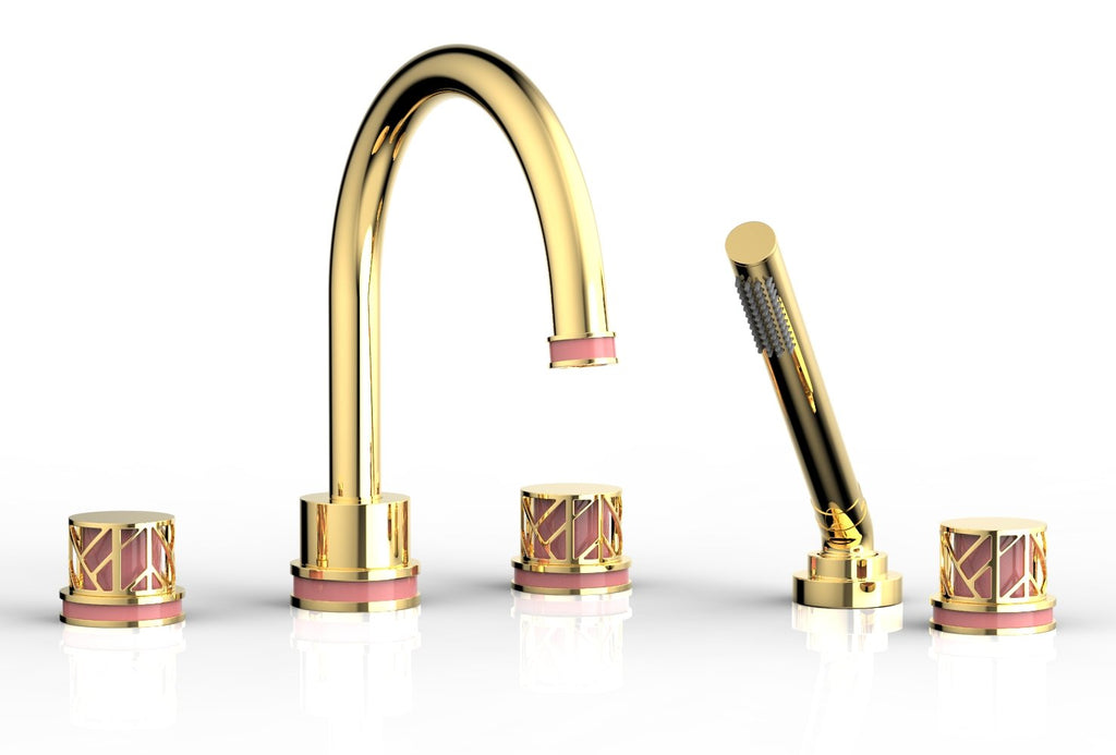 1-3/8" - Polished Gold - JOLIE Deck Tub Set with Hand Shower - Round Handles with "Pink" Accents 222-48 by Phylrich - New York Hardware