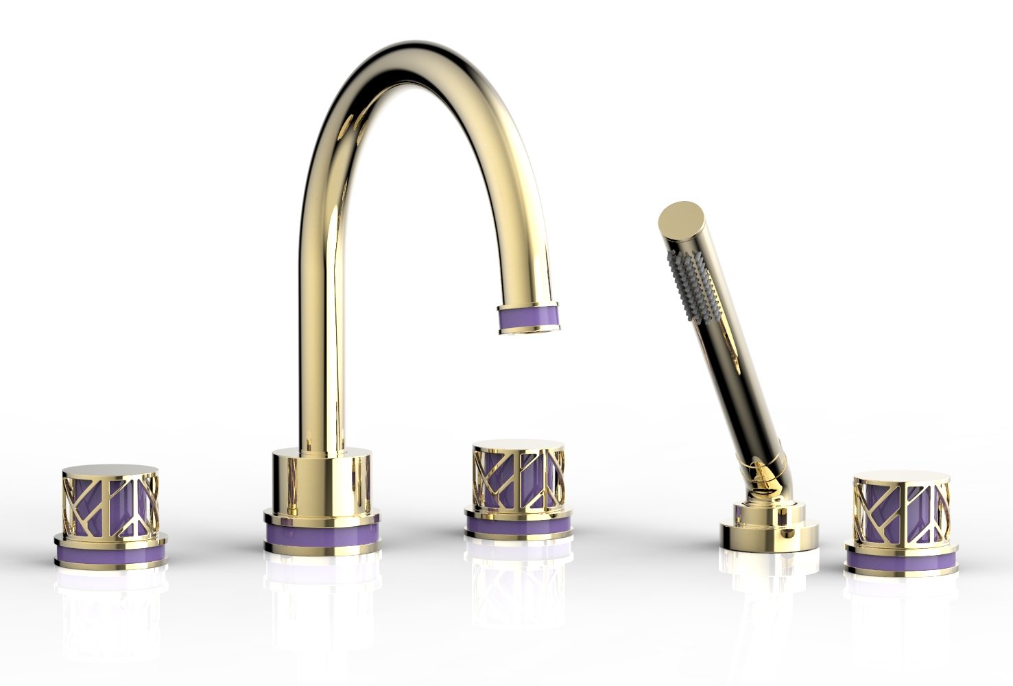 1-3/8" - Polished Brass Uncoated - JOLIE Deck Tub Set with Hand Shower - Round Handles with "Purple" Accents 222-48 by Phylrich - New York Hardware