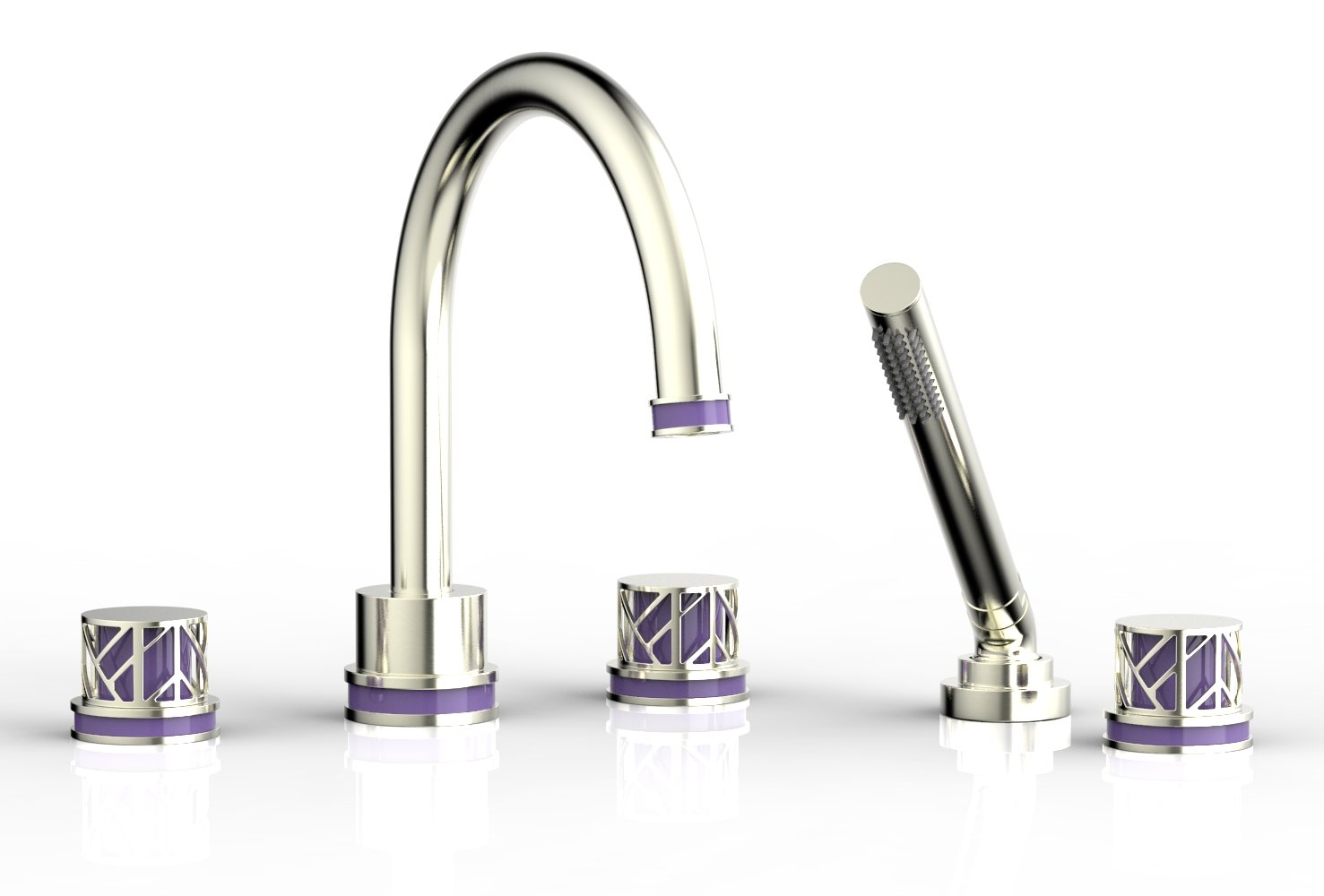 1-3/8" - Satin Nickel - JOLIE Deck Tub Set with Hand Shower - Round Handles with "Purple" Accents 222-48 by Phylrich - New York Hardware