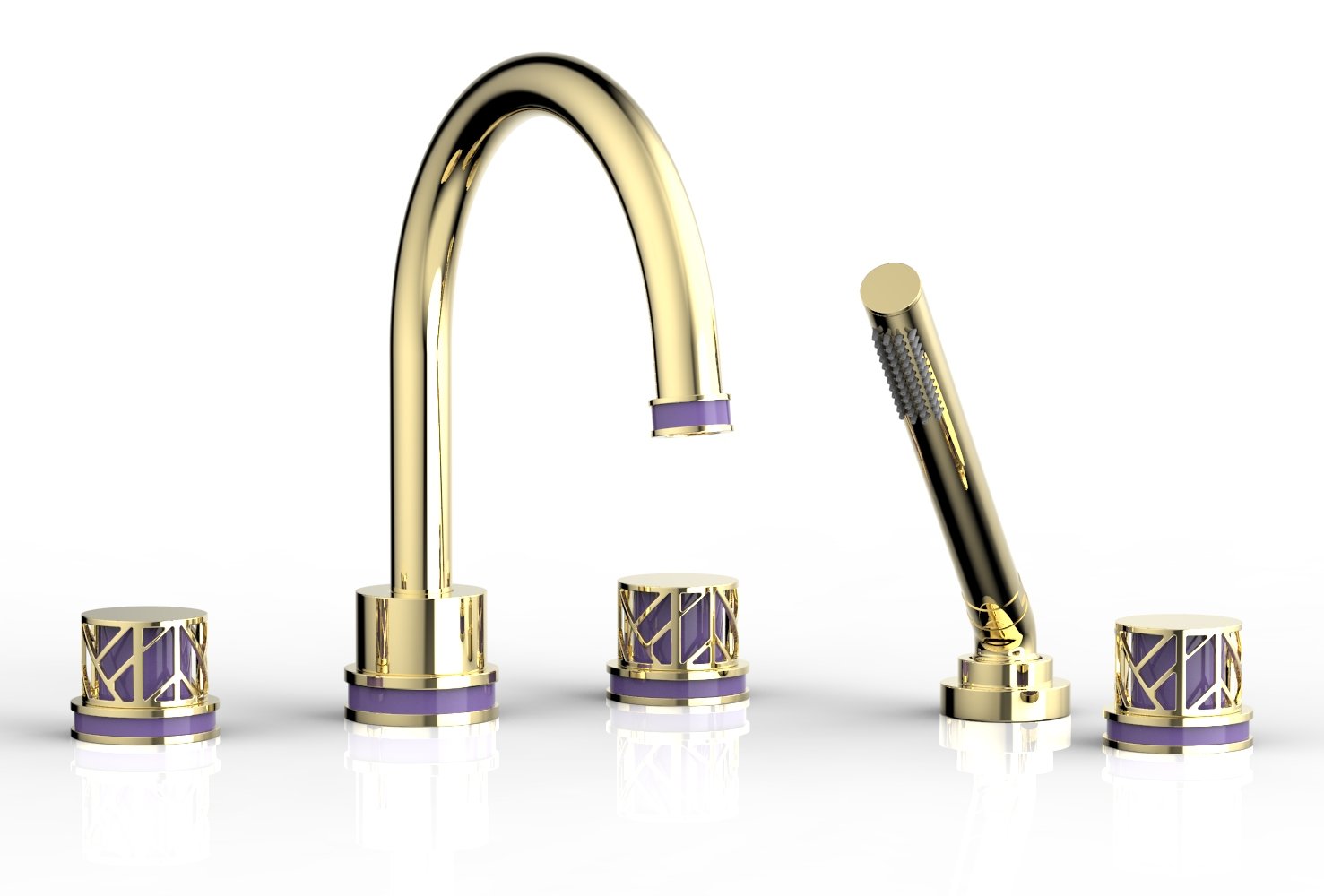 1-3/8" - Polished Brass - JOLIE Deck Tub Set with Hand Shower - Round Handles with "Purple" Accents 222-48 by Phylrich - New York Hardware