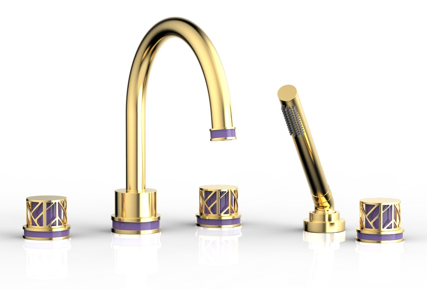 1-3/8" - Satin Gold - JOLIE Deck Tub Set with Hand Shower - Round Handles with "Purple" Accents 222-48 by Phylrich - New York Hardware