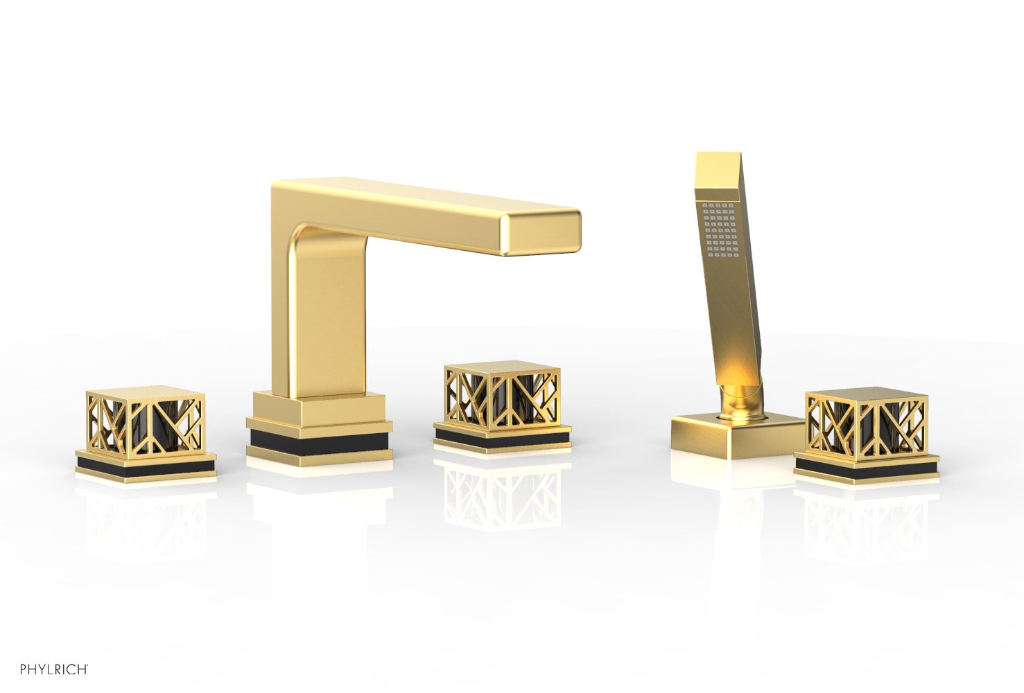 1-3/8" - Burnished Gold - JOLIE Deck Tub Set with Hand Shower - Square Handles with "Black" Accents 222-49 by Phylrich - New York Hardware